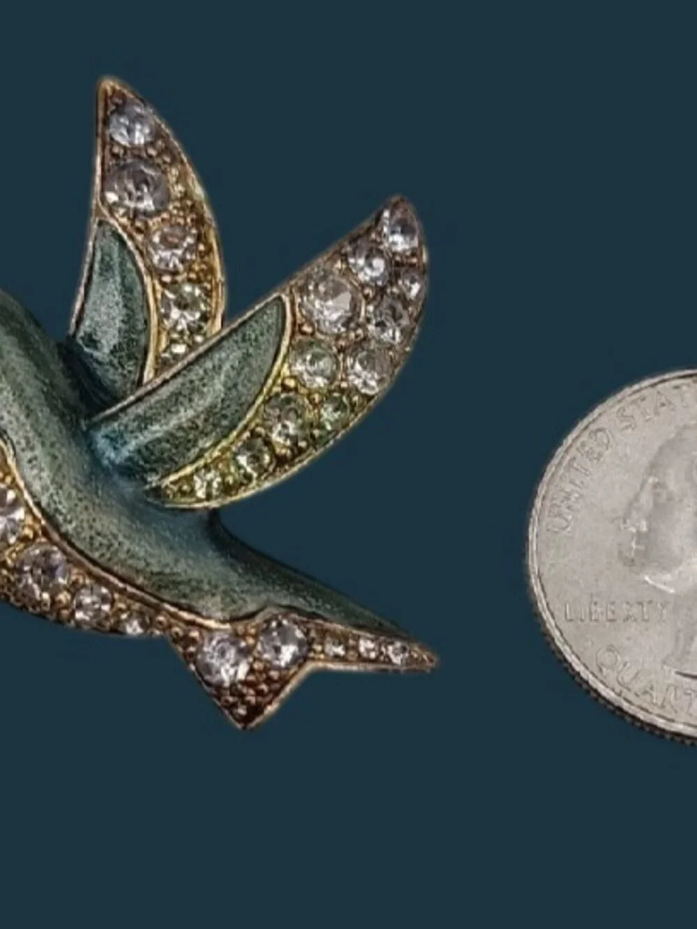 Vintage Liz Claiborne Hummingbird Brooch 1980s Green Enamel Pave Rhinestone